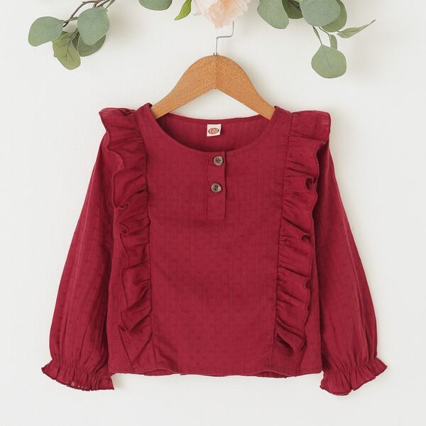 

Toddler Girls Ruffle Trim Half Button Blouse, Burgundy
