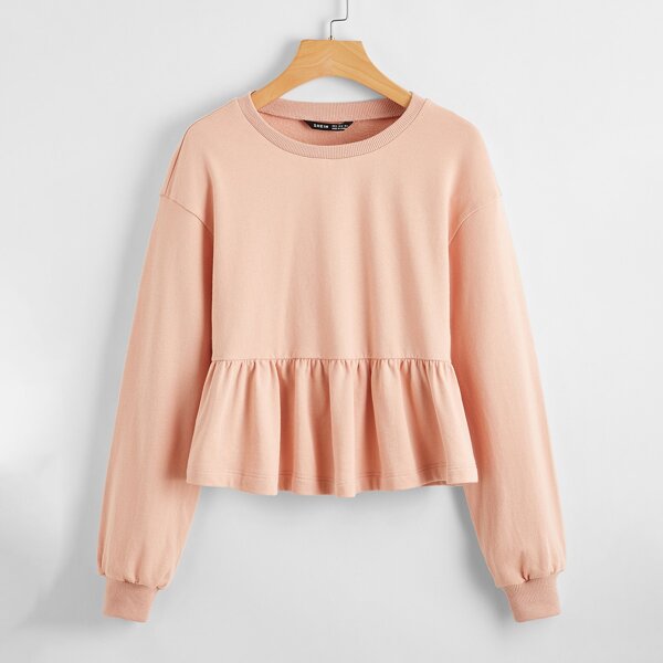 

Drop Shoulder Ruffle Hem Sweatshirt, Pastel coral pink