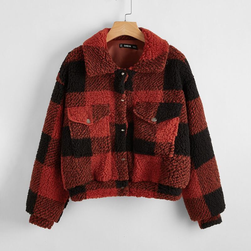 

Drop Shoulder Button Front Teddy Jacket, Multicolor
