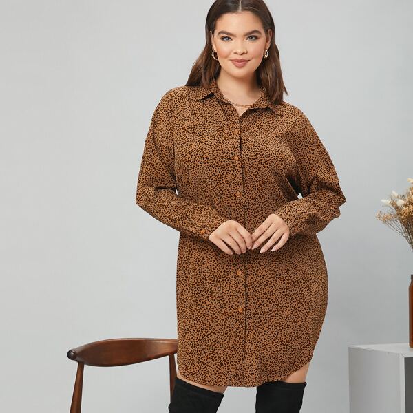 

Plus Leopard Button Front Tunic Top Without Belt, Multicolor