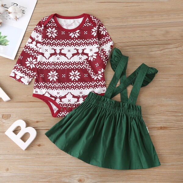 

Baby Girl Christmas Print Bodysuit & Ruffle Detail Pinafore Skirt, Multicolor