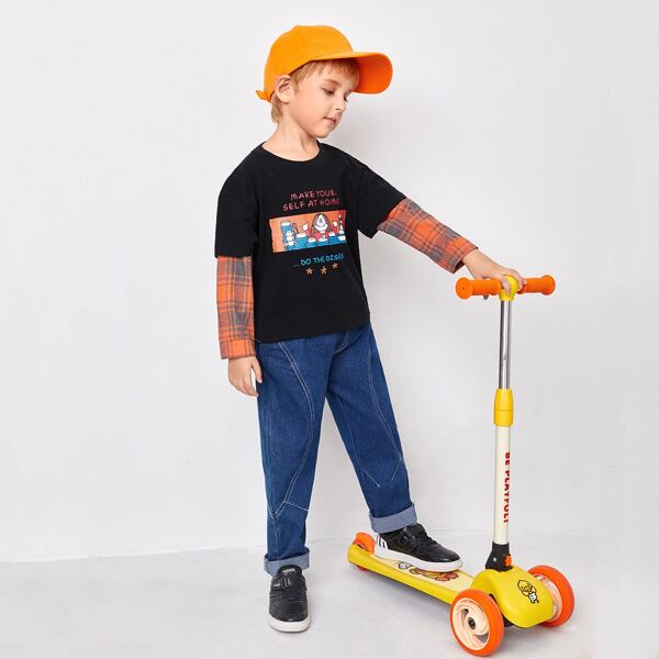

Toddler Boys Contrast Plaid Sleeve Slogan Graphic Sweatshirt, Black