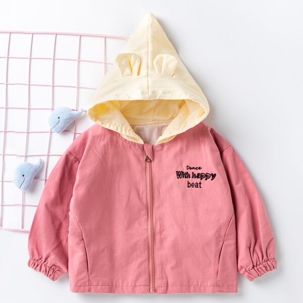 

Toddler Girls 3D Ears Design Slogan & Cartoon Graphic Hooded Jacket, Pink