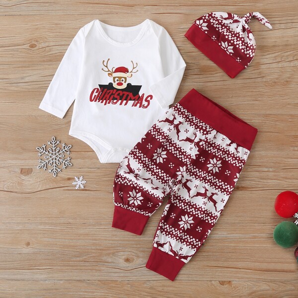

Baby Boy Christmas Print Bodysuit & Sweatpants & Hat, Red and white