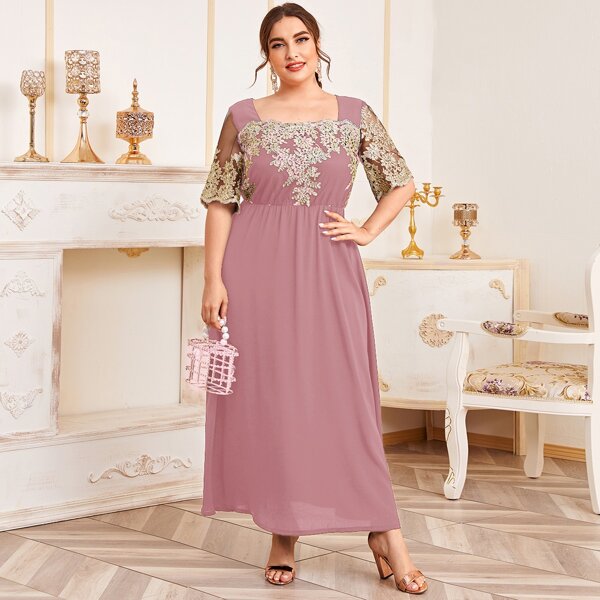 

Plus Floral Embroidered Mesh Panel A-line Dress, Dusty pink