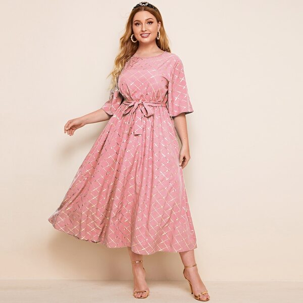 

Plus Metallic Grid Print Belted Midi Dress, Pink pastel