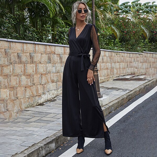 

Contrast Mesh Sleeve Slit Hem Belted Jumpsuit, Black