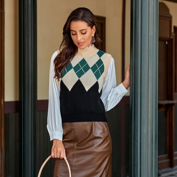 

Stand Collar Argyle Pattern Sweater Vest, Multicolor