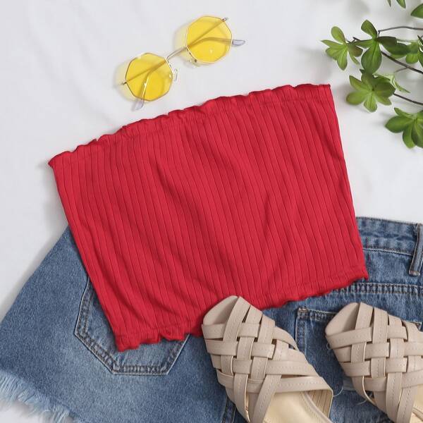 

Plus Lettuce Trim Rib-knit Bandeau Top, Red bright