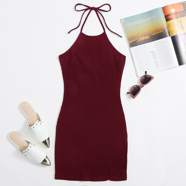 

Plus Tie Back Split Hem Rib-knit Halter Dress, Maroon