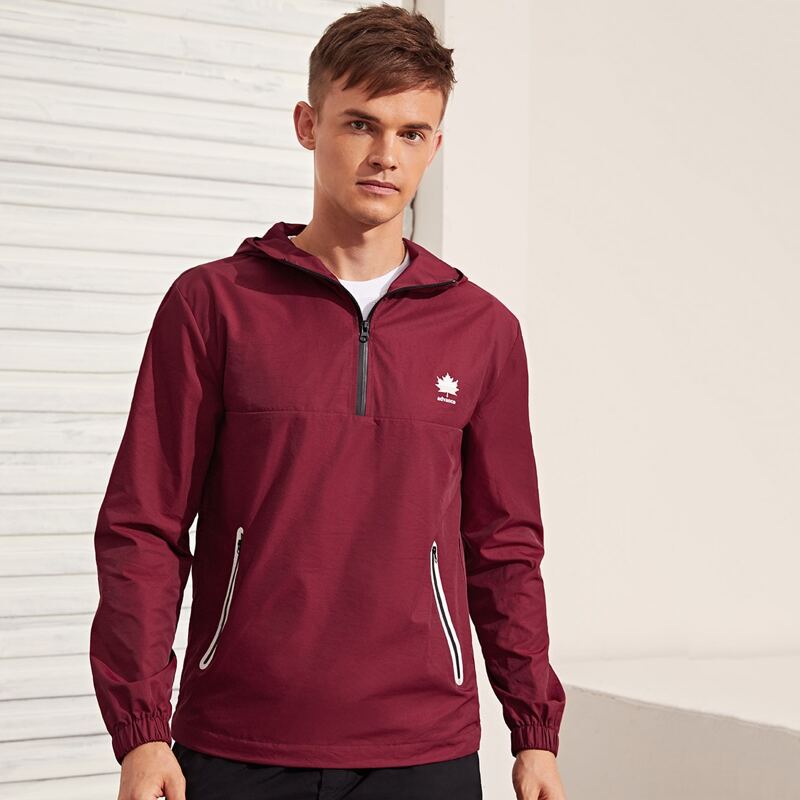 

Guys Letter Graphic Half Zipper Placket Hooded Jacket, Burgundy