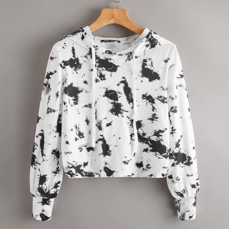

Wrap Back Tie Dye Drawstring Hoodie, Black and white