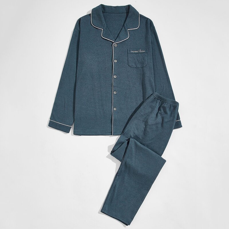 

Guys Letter Embroidered Button Front PJ Set, Navy blue
