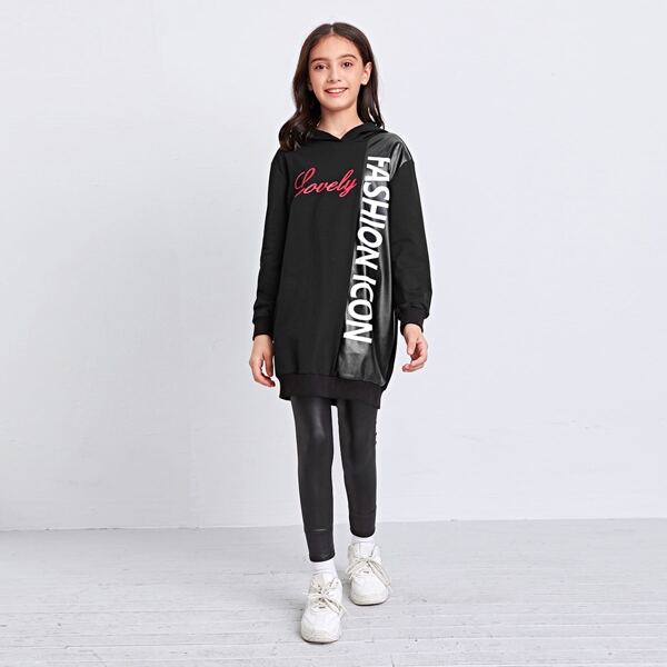 

Girls Letter Graphic PU Leather Panel Longline Hoodie, Black