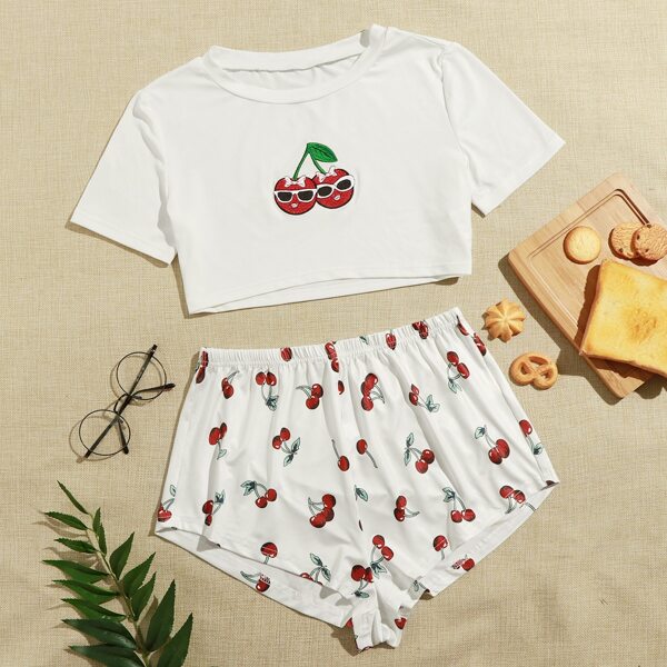 

Cartoon Cherry Print Pajama Set, White