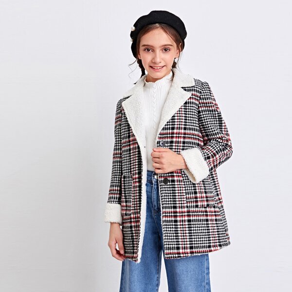 

Girls Faux Shearling Lining Button Up Plaid Coat, Multicolor