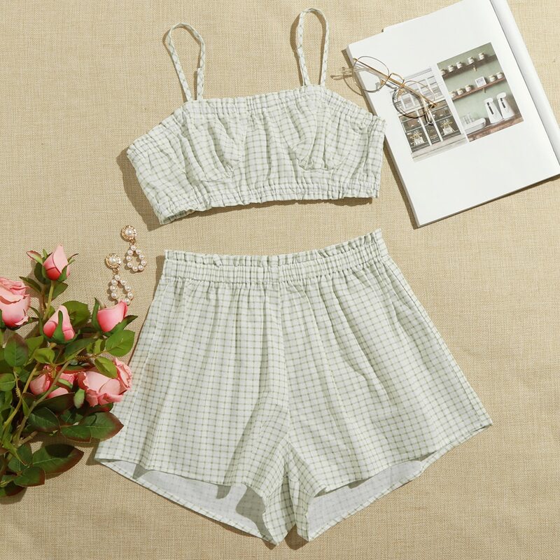 

Plaid Frill Cami Top With Shorts PJ Set, Multicolor