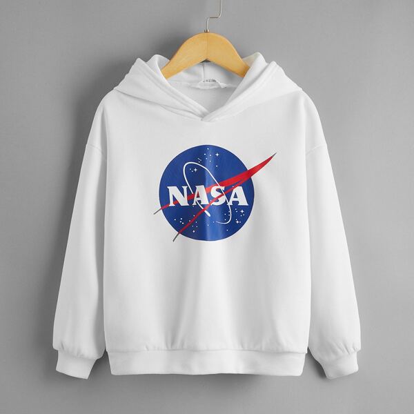 

Boys Graphic Print Drop Shoulder Hoodie, White