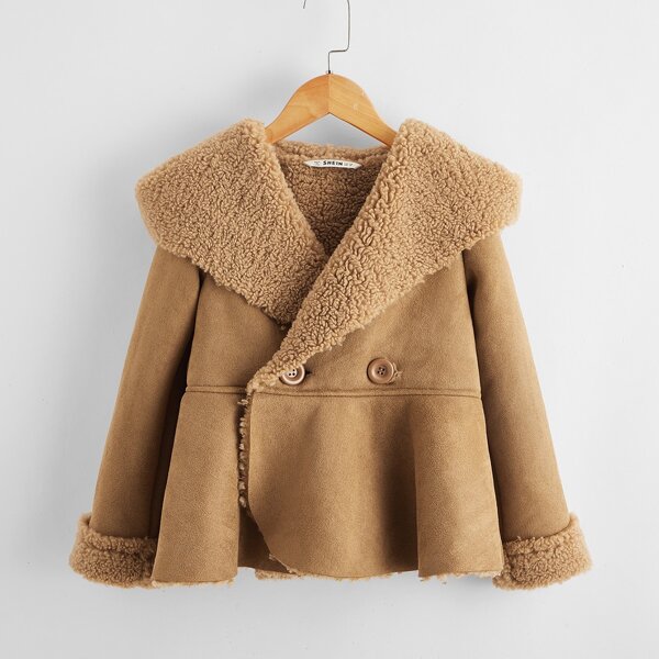 

Girls Faux Shearling Panel Pea Suede Coat, Camel