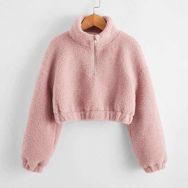 

Girls Drop Shoulder Teddy Zip Half Placket Sweatshirt, Dusty pink