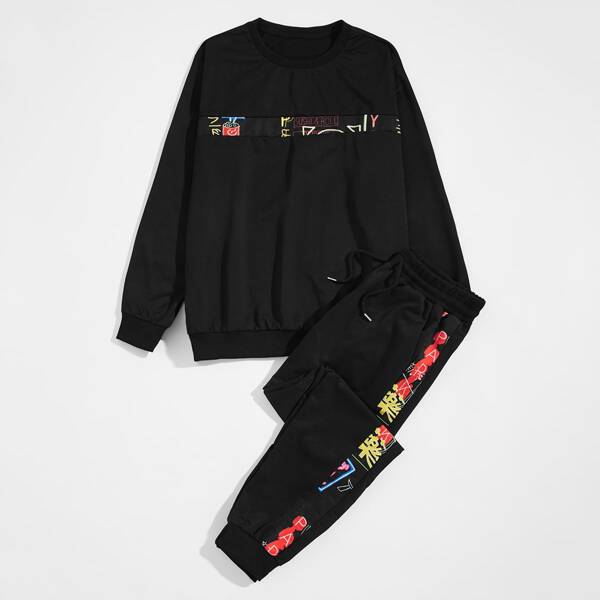

Men Letter Graphic Sweatshirt With Sweatpants, Black