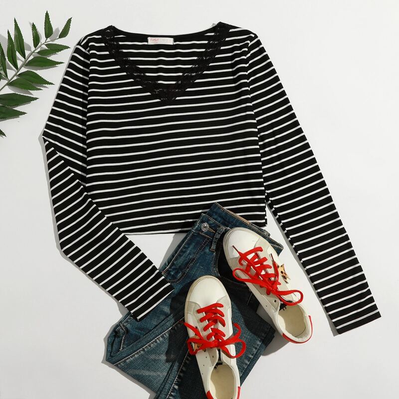 

Striped Lace Trim Tee, Black
