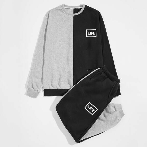 

Men Letter Graphic Colorblock Sweatshirt & Sweatpants, Multicolor