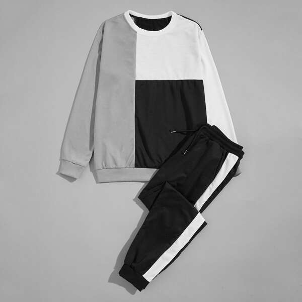 

Men Color Block Sweatshirt & Contrast Panel Side Sweatpants, Multicolor