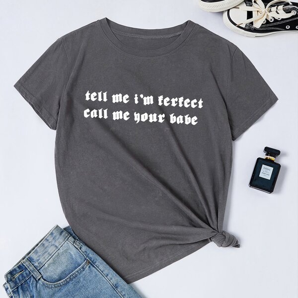 

Slogan Graphic Round Neck Tee, Dark grey