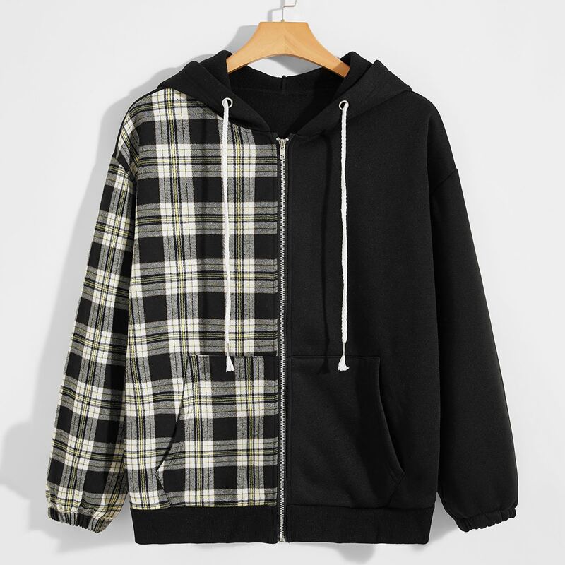 

Guys Tartan Plaid Spliced Drawstring Jacket, Black