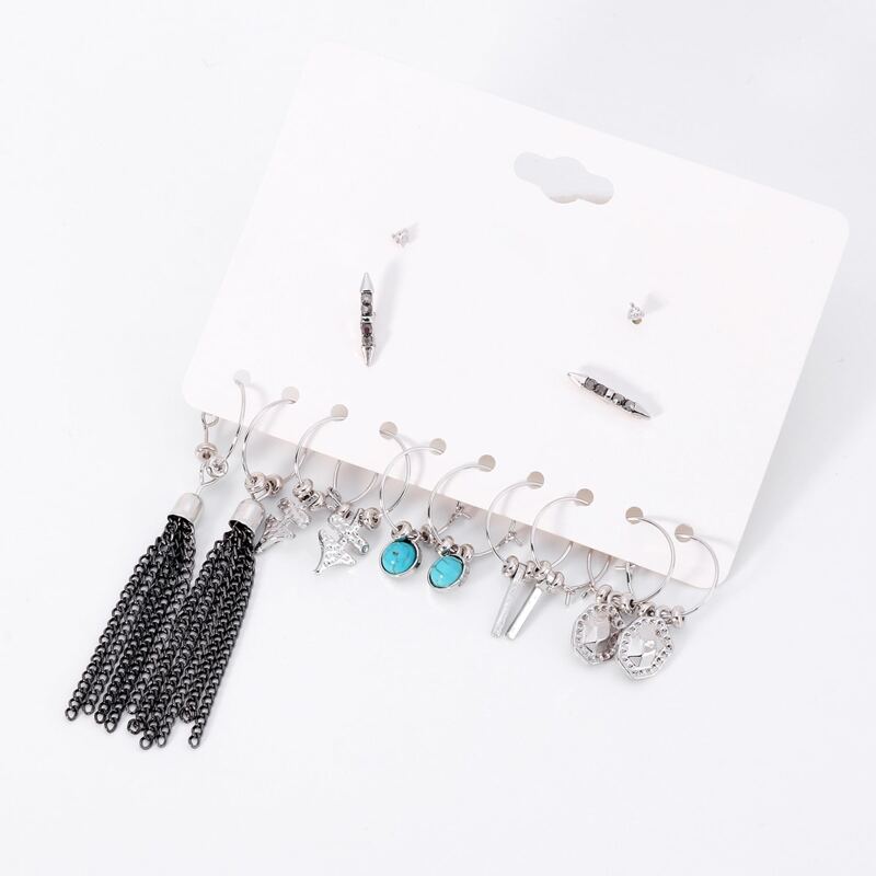 

7pairs Tassel & Geo Drop Earrings, Silver