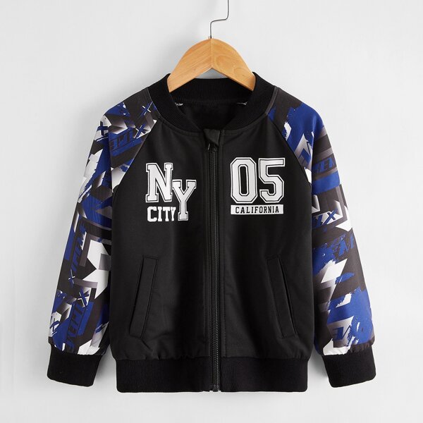 

Toddler Boys Contrast Sleeve Letter Graphic Bomber Jacket, Black