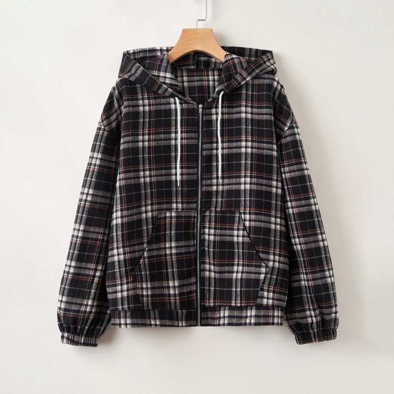 

Plaid Zip Up Hooded Jacket, Multicolor