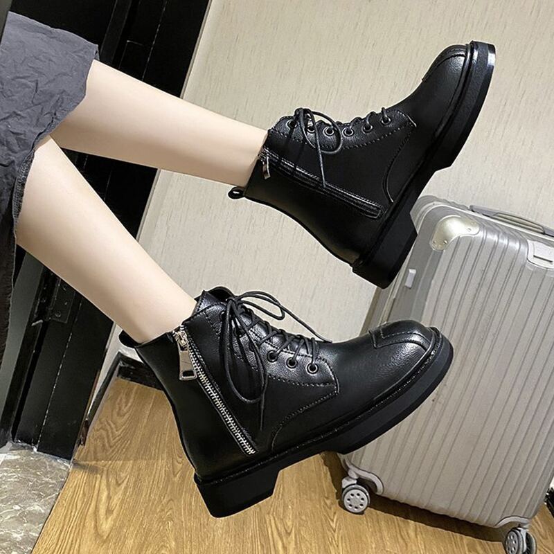 

Side Zip Lace-up Combat Boots, Black