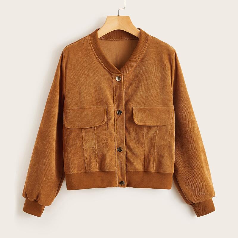 

Corduroy Button Front Bomber Jacket, Brown