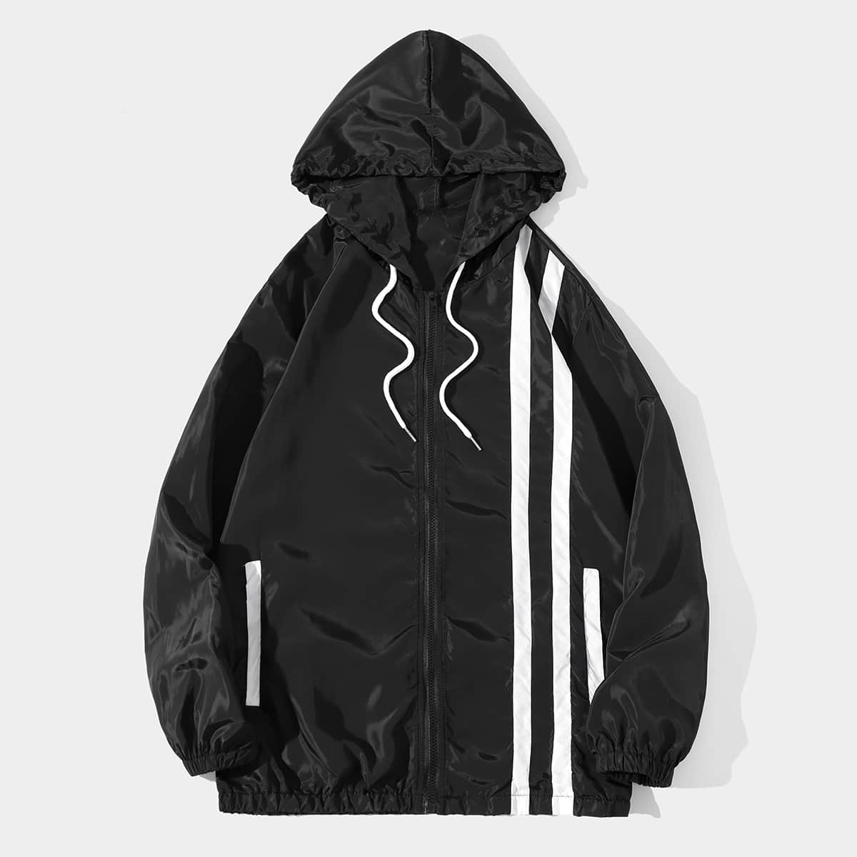 

Guys Striped Drawstring Windbreaker Jacket, Black