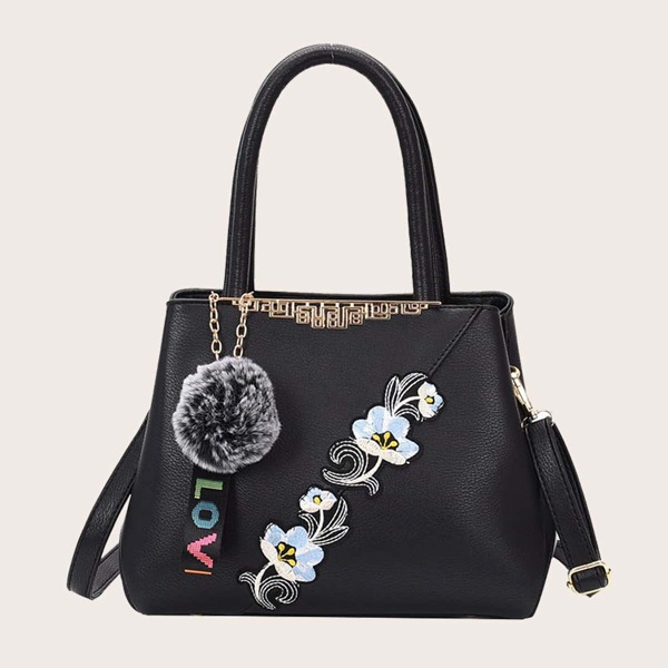 

Pom-pom Charm Flower Embroidered Satchel Bag, Black