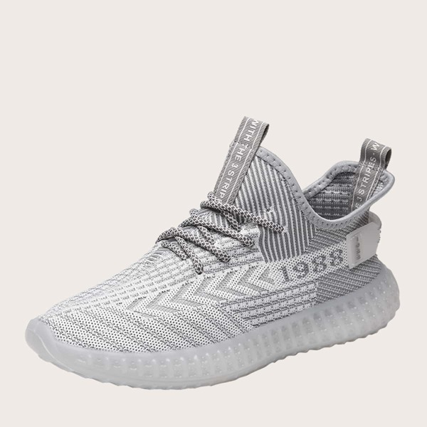 

Men Lace Up Decor Wide Fit Knit Sneakers, Grey
