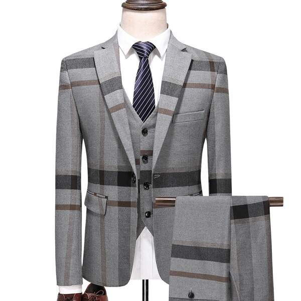 

Men Plaid Print Single Breasted Blazer With Tailored Pants With Blazer Vest, Grey