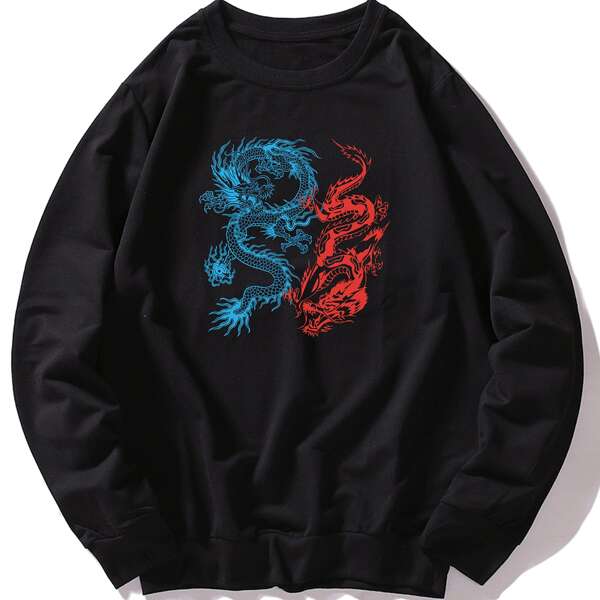 

Men Chinese Dragon Print Round Neck Sweatshirt, Black