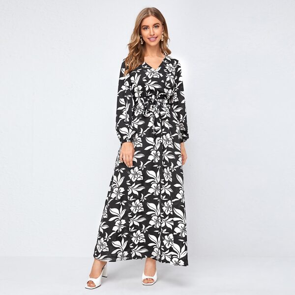 

Floral Print Surplice Neck Self Belted Dress, Black and white