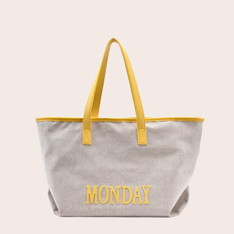 

Letter Graphic Contrast Piping Tote Bag, Khaki