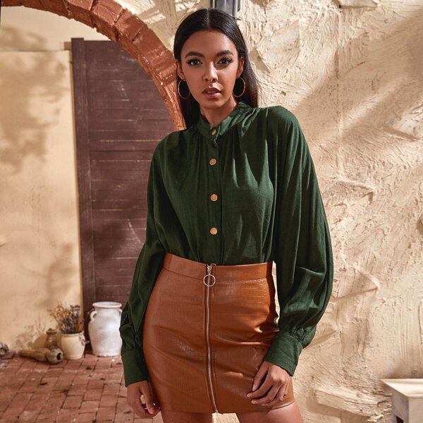 

Stand Collar Batwing Sleeve Shirt Dress, Dark green