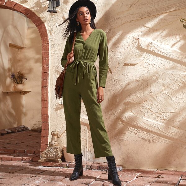 

V-neck Button Front Self Tie Jumpsuit, Army green