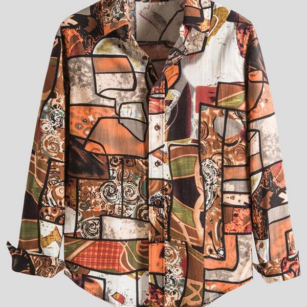 

Men Graphic Print Curved Hem Shirt, Multicolor