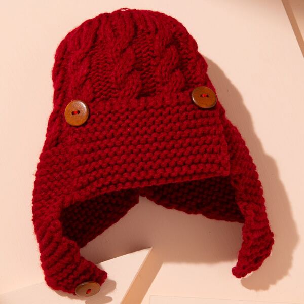 

Toddler Kids Button Detail Knit Hat, Red