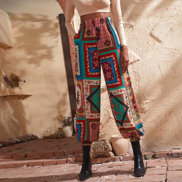

Paisley Scarf Print Elastic Waist Pants, Multicolor