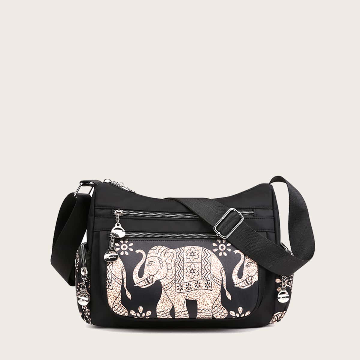 

Elephant Pattern Crossbody Bag, Black