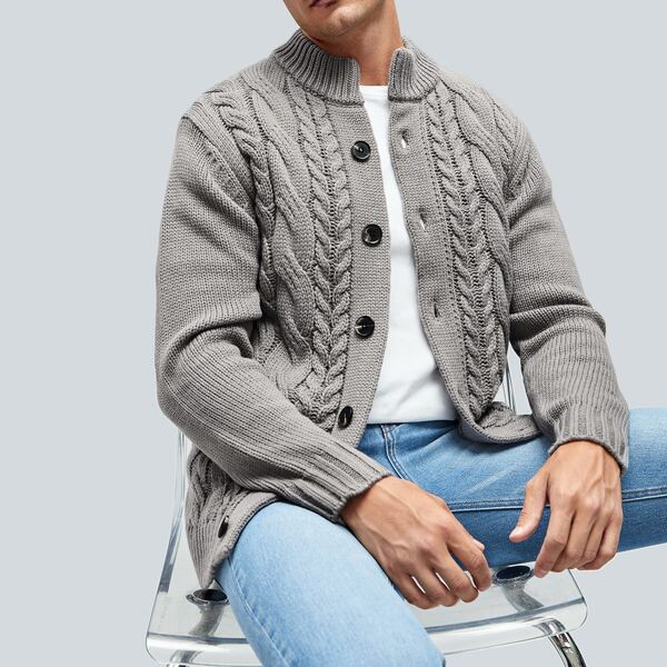

Men Cable Knit Button Up Cardigan, Grey