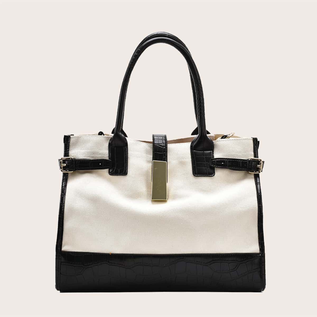 

Two Tone Crocodile Tote Bag, Black and white